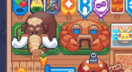 A pixel art game scene featuring a fluffy mammoth character standing outside an orange pumpkin-shaped house with banners overhead.