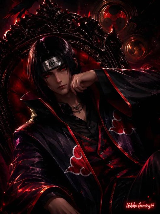 A dark-haired anime character wearing a Konoha headband and an Akatsuki cloak with red cloud patterns sits on an ornate throne, marked "Uchiha Gaming14" in the corner. The image's brooding, powerful aesthetic complements the post's serious tone about reputation and meaningful engagement in the NucleusCodes campaign.