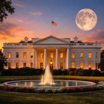 The image depicts the White House illuminated at sunset, with a large full moon rising in the sky and a glowing fountain in the foreground. The accompanying bullish post highlights significant momentum on the Crypto CLARITY Act from the White House Executive Director, with the image symbolizing an official, promising governmental breakthrough.