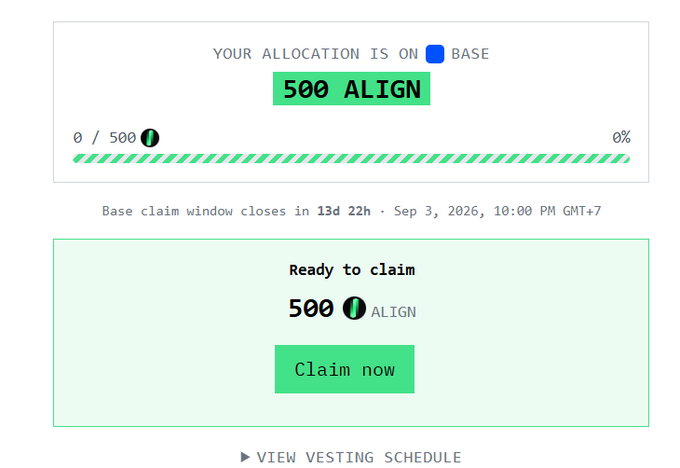 A digital airdrop claim interface showing 'YOUR ALLOCATION IS ON BASE 500 ALIGN' with a 'Ready to claim 500 ALIGN' message and a green 'Claim now' button, indicating the claim window closes on Sep 3, 2026.