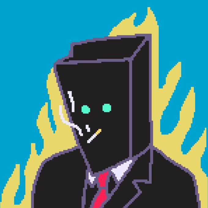 A pixel art portrait depicts a man with glowing green eyes in a suit with a red tie, wearing a boxy purple mask, set against a background of yellow flames and a cyan sky.