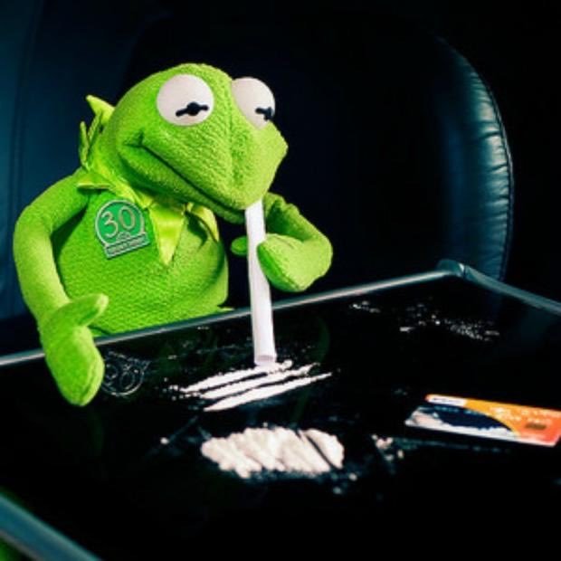 Kermit the Frog appears to be snorting a line of white powder off a black laptop keyboard, with a "30" badge visible on his chest.