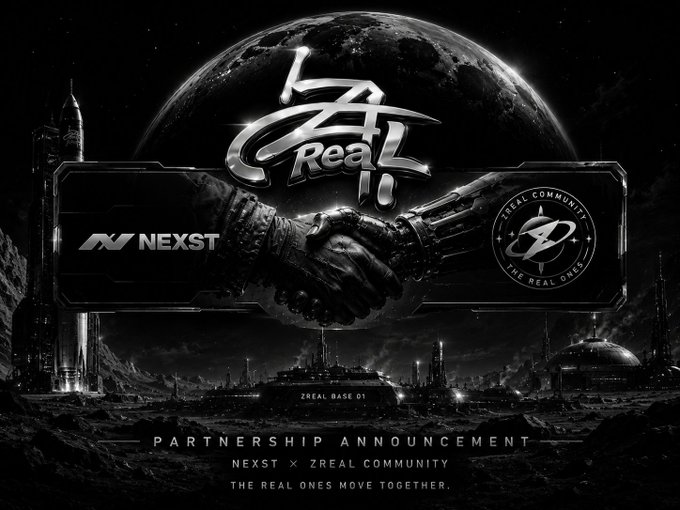 The image features a black and white poster for a music event, with two hands shaking over a banner that says "LA REAL" written in an artistic style. The background of the poster shows a planet surrounded by stars, creating a futuristic atmosphere. The text on the poster reads "Partnership Announcement", indicating that there is a collaboration between NEXST and another company or individual.