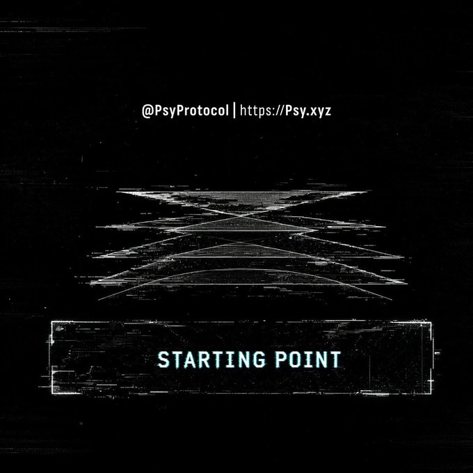 A black screen with glitching white text and a geometric pattern, reading '@PsyProtocol | https://Psy.xyz' at the top and 'STARTING POINT' in a box at the bottom.