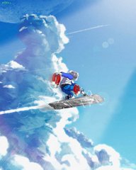 An illustration of a superhero-like figure in a blue and red suit riding a futuristic hoverboard across a bright blue sky filled with fluffy white clouds.