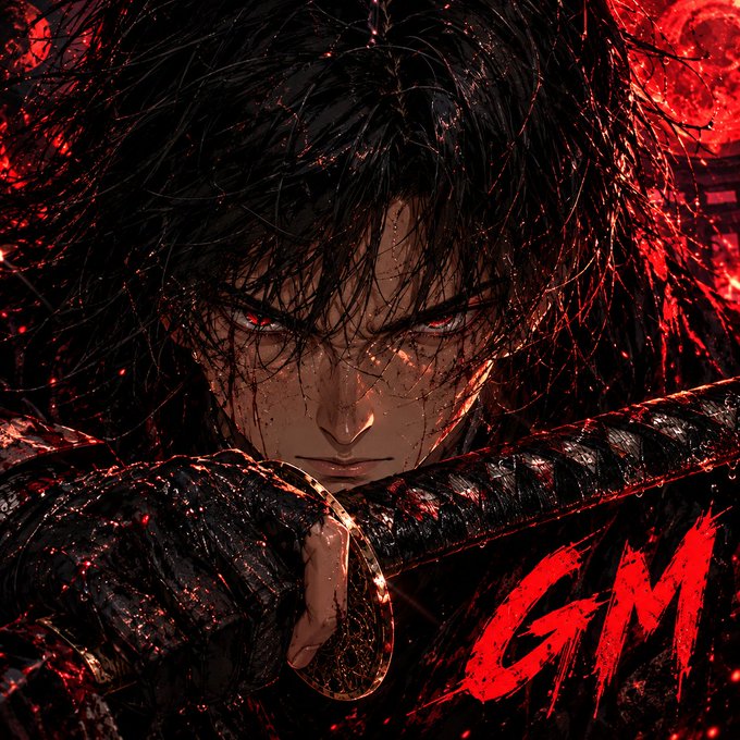 A dark, stylized anime-style portrait of a swordsman with glowing red eyes and blood splattered on his face, gripping a katana, with the text 'GM' in bold red letters.