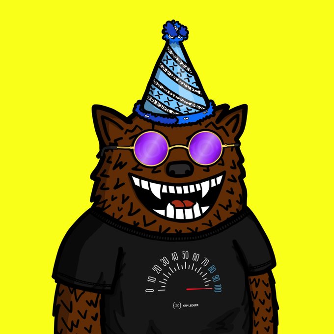 A cartoon illustration of a brown werewolf wearing a blue and white striped party hat, round purple sunglasses, and a black t-shirt featuring a speedometer graphic ranging from 0 to 100 with the text 'XRP LEDGER' and an XRP logo beneath it, set against a bright yellow background.