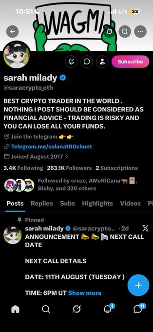 A mobile screenshot of an X (Twitter) profile for 'sarah milady' (@saracrypto.eth), who calls herself the 'BEST CRYPTO TRADER IN THE WORLD,' displaying a pinned post about an upcoming call on August 11th.