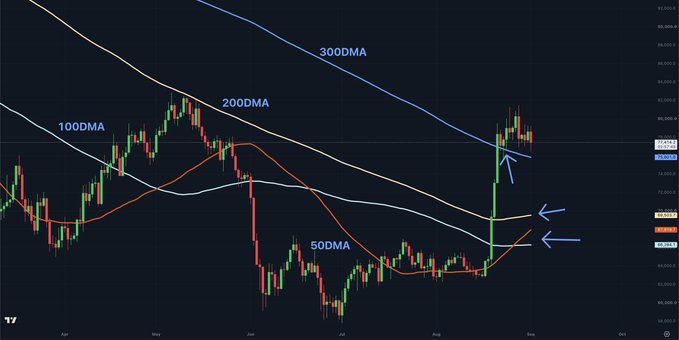 A Bitcoin price chart displaying daily moving averages (50DMA, 100DMA, 200DMA, and 300DMA) with blue arrows highlighting the current price position above all key MAs around the $80,000 level on the y-axis.
