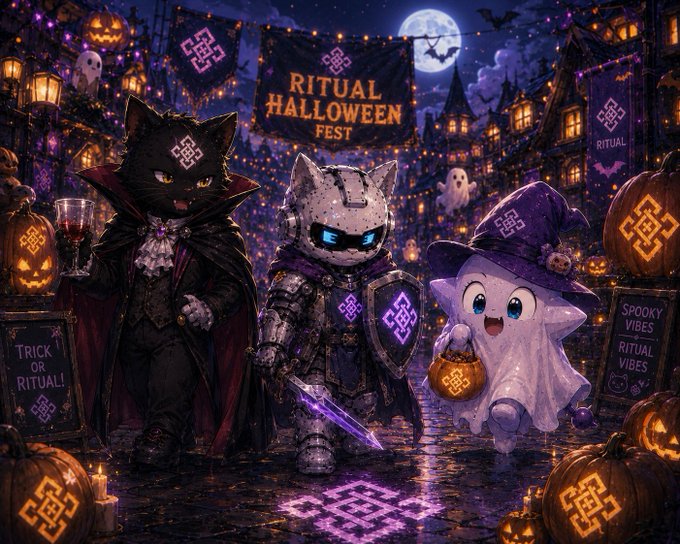 A Halloween-themed digital illustration titled "RITUAL HALLOWEEN FEST" features a vampire cat, a robot knight, and a ghost witch alongside pumpkins with QR code symbols and signs reading "TRICK OR RITUAL!" and "SPOOKY VIBES RITUAL VIBES."