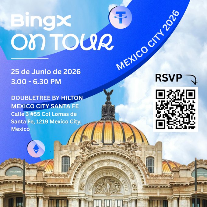 The image features a large building with a dome roof, possibly a government or public building such as a courthouse or city hall. The text of the image includes information about an event happening in Mexico City, which seems to be related to Bitcoin. There is also a QR code present on the image that could be used for registration purposes.