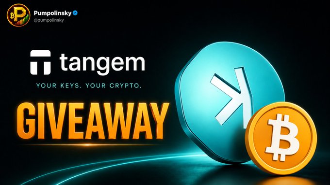 A promotional graphic from @pumpoinsky announcing a "GIVEAWAY" collaboration with Tangem ("YOUR KEYS. YOUR CRYPTO."), featuring a large teal Kaspa (K) coin next to a Bitcoin coin, tied to a contest to win 1 Bitcoin (approximately 2 million $KAS) via tangem.com.