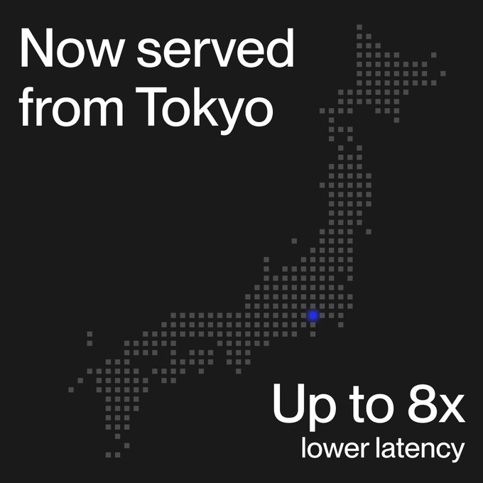 A dark graphic displays the text 'Now served from Tokyo' alongside a pixelated map of Japan with a blue dot, and the text 'Up to 8x lower latency'.