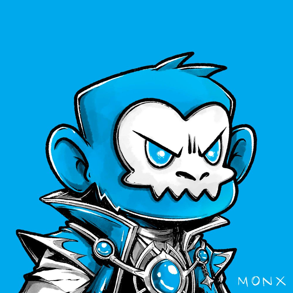 The image features a cartoon character with blue hair wearing a blue outfit that includes a cape, standing against a blue background. The caption of the image reads "Monx mints on june 12 at 5PM UTC. 777 XRP. on @xrpcafe." and "77 XRP. on @xrpcafe." This suggests that the character is part of an online store or collection called Monx, which sells merchandise related to the character from the post. The image also includes a watermark indicating it was created by Monx.
