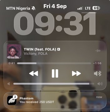 An iPhone lock screen displays the time as 09:31 on Friday, September 4th, with "TWIN (feat. FOLA)" by Victony and FOLA playing on Apple Music. A Phantom wallet notification at the bottom confirms the receipt of 250 USDT, tying into the celebratory post about hitting 1 million naira early in the day thanks to web3 earnings.