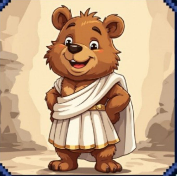 A cartoon illustration of a smiling brown bear character wearing a white toga-like garment with a draped sash.