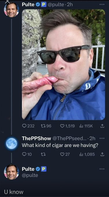 Bill Pulte (@pulte) tweets a photo of himself smoking an unusual pink, phallic-shaped cigar while wearing sunglasses, captioning it "U know" in response to a user asking what kind of cigar he's having.