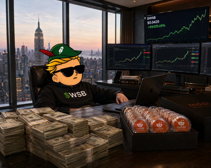 A cartoon figure wearing a $WSB hoodie and cap sits at a desk covered in stacks of cash and Reddit coins, with multiple monitors showing a stock chart for $WSB at $0.0420 (+69420.69%).