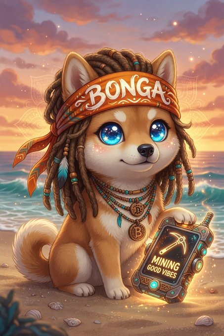 A cute Shiba Inu with dreadlocks and a "BONGA" headband sits on a beach holding a device labeled "MINING GOOD VIBES," visually reinforcing the post's promotion of the @BongaSolana play-to-earn game and its "mine good vibes and $BONGA" tagline.