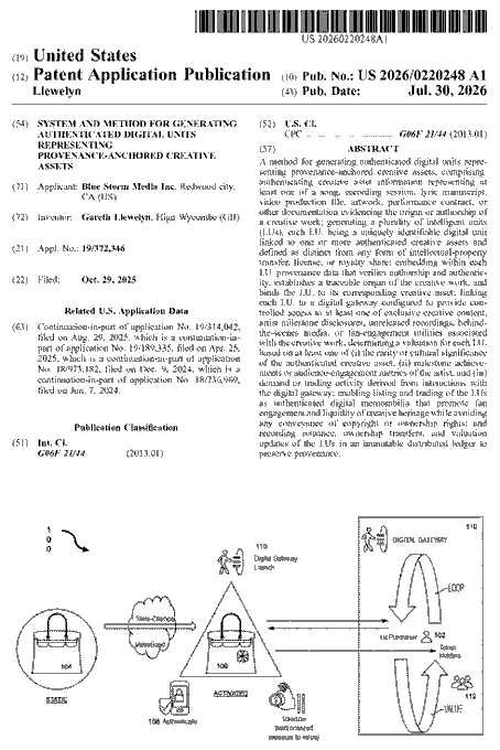 This is a screenshot from a United States Patent Application Publication for a "SYSTEM AND METHOD FOR GENERATING AUTHENTICATED DIGITAL UNITS REPRESENTING PROVENANCE-ANCHORED CREATIVE ASSETS," which is highly relevant to Chainlink's work with digital assets and provenance.