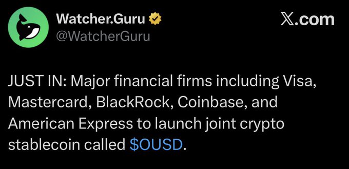 The image is a screenshot of an X (Twitter) post from @WatcherGuru (verified account with a yellow checkmark) announcing that major financial firms—Visa, Mastercard, BlackRock, Coinbase, and American Express—are launching a joint crypto stablecoin called "$OUSD." The green profile icon features a stylized owl/watcher logo. This relates to the accompanying "RLUSD > OUSD" post by suggesting the new OUSD stablecoin is inferior to Ripple's RLUSD.