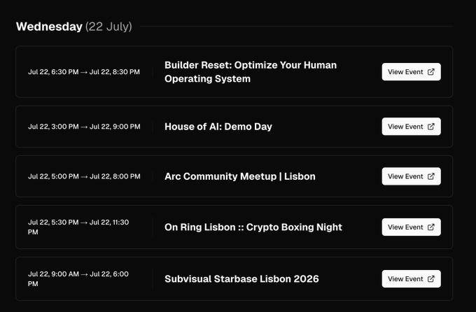 The image displays a schedule for Wednesday, July 22nd, listing events such as "Builder Reset: Optimize Your Human Operating System" and "Arc Community Meetup | Lisbon," which details the activities occurring during the "Onchain Lisbon Week" mentioned in the text that spans from July 22 to 29.