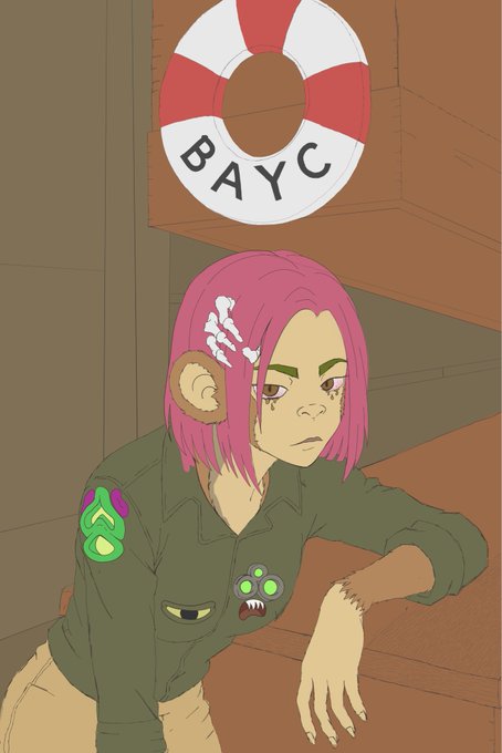 An animated illustration of a pink-haired character with a bone hair clip, wearing an olive green shirt with patches, sitting below a red and white life preserver labeled 'BAYC'.