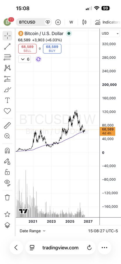 A TradingView BTCUSD weekly chart on iPhone displays Bitcoin priced at $68,589, with a blue 200-week Simple Moving Average curve showing price historically trading above it. The caption relates to the image by highlighting the potential head-and-shoulders bottom pattern forming above this long-term 200W SMA support line, suggesting investors stay positioned to avoid missing a major bull run.