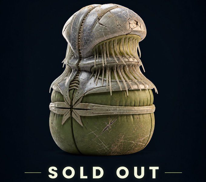 A worn green duffel bag strapped with a stitched, cracked domed top—resembling a detective's case—sits against a dark background with "SOLD OUT" displayed below. The image visually represents the sold-out "DND" NFT collection, teasing an upcoming reveal while directing interested buyers to the secondary OpenSea marketplace.