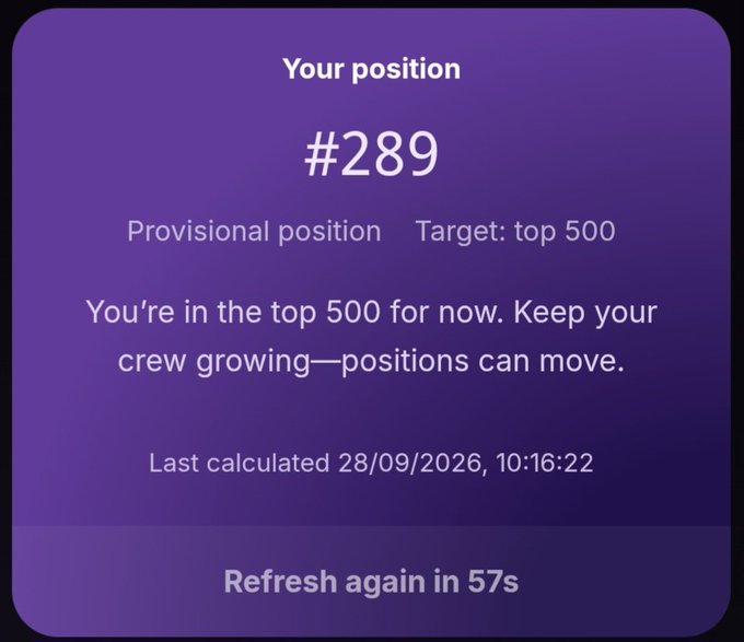 A purple ranking screen showing 'Your position #289', with notes 'Provisional position' and 'Target: top 500', encouraging the user to keep their crew growing, with a refresh timer of 57 seconds.