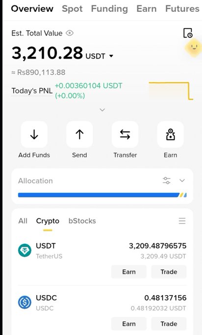 A cryptocurrency exchange interface displaying an estimated total value of 3,210.28 USDT (approximately Rs890,113.88) with holdings in USDT and USDC.