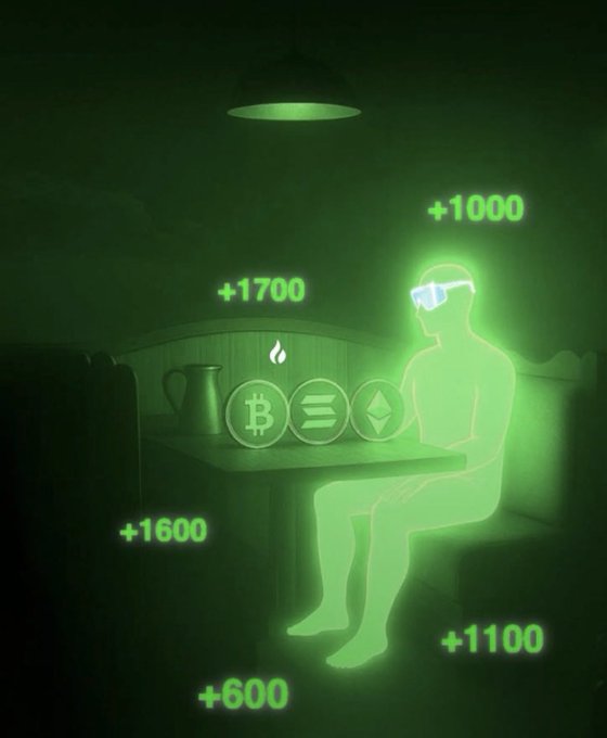 A glowing green neon illustration shows a figure wearing VR goggles sitting at a table with cryptocurrency coins (Bitcoin, Solana, and Ethereum) on it, with floating score numbers like +1700, +1000, +1600, +1100, and +600.