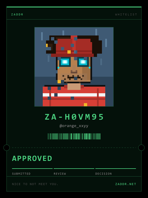 A digital ID card from ZADORR.net displaying an approved pixel art avatar of a character with a red cap and blue glasses. The card shows the username 'ZA-H0VM95' and handle '@orange_xxyy' with the tagline 'NICE TO NOT MEET YOU.'