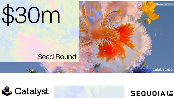 A seed round announcement slide showing "$30m Seed Round" for Catalyst, featuring a colorful floral background, with the Catalyst logo and "SEQUOIA" branding at the bottom.