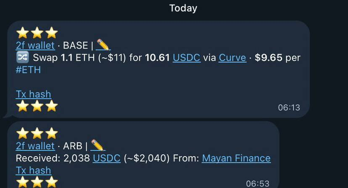 The image shows a crypto wallet notification displaying transactions: swapping 1.1 ETH for 10.61 USDC via Curve on BASE at $9.65/ETH, and receiving 2,038 USDC from Mayan Finance on ARB, supporting the post's warning about checking wallet history and revoking permissions related to LiFi interactions.