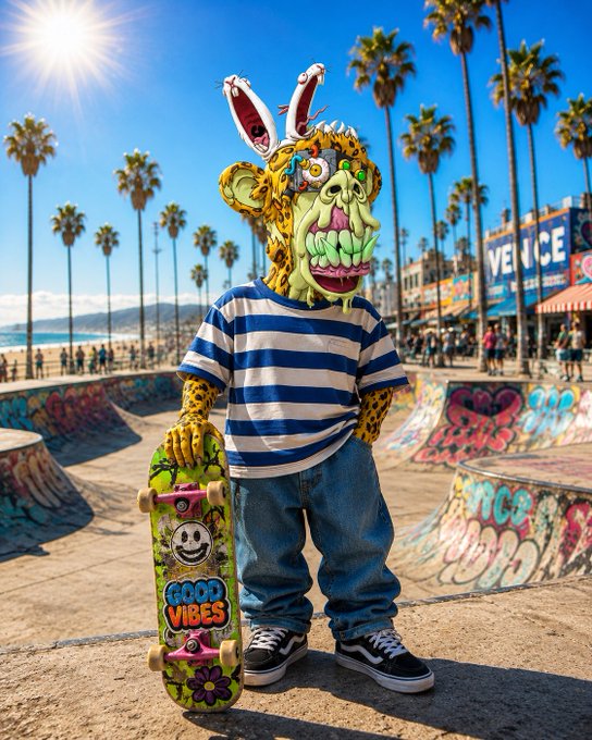 A surreal figure with a green monstrous mask wearing a blue and white striped shirt, holding a colorful skateboard reading 'GOOD VIBES' at a skate park with a 'VENICE' sign and palm trees in the background.
