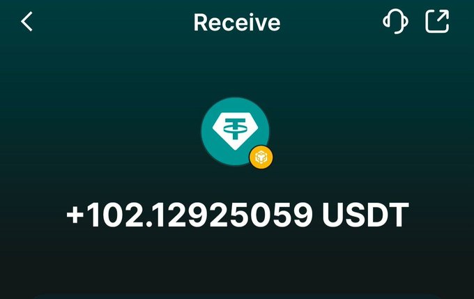 A mobile app screen titled 'Receive' showing a Tether (USDT) cryptocurrency deposit address with a yellow QR code icon and a received amount of +102.12925059 USDT.