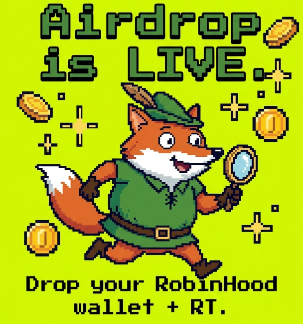 A pixel art image features a cartoon fox dressed as a hunter (complete with a feathered hat, green tunic, and magnifying glass) running across a bright green background surrounded by gold coins and sparkles. The text reads "Airdrop is LIVE! Drop your RobinHood wallet + RT," promoting a 500,000 $ROBFOX token giveaway that asks users to engage with the pinned post and submit their $ETH wallet address for a guaranteed airdrop.