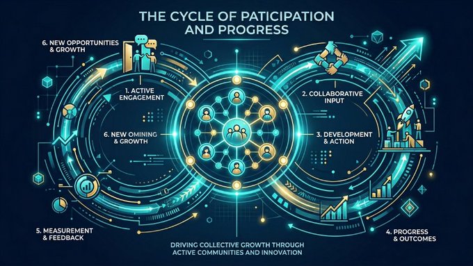The image presents a graphic representation of the cycle of participation and progression, which is designed by @justinsuntron. This circular diagram depicts a series of stages that describe how people can become active participants, leading to progress and ultimately resulting in new possibilities. The image is rich with various elements like circles, arrows, dots, and lines representing different aspects of the cycle, such as engagement, development, innovation, community building, and outcomes assessment.