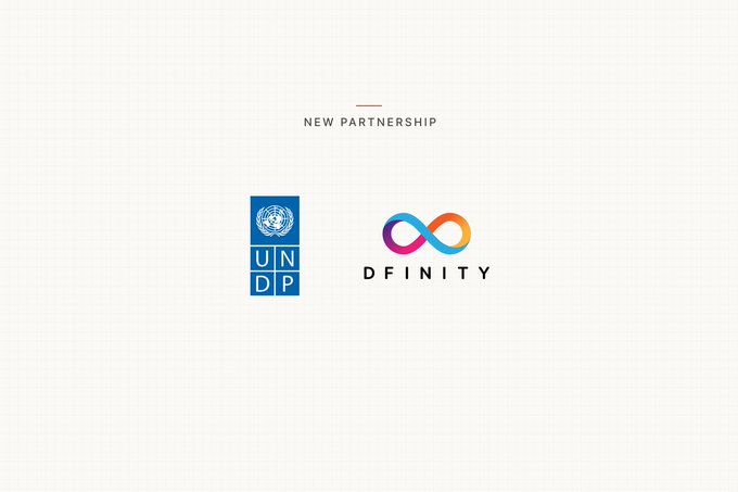 A graphic announcing a "NEW PARTNERSHIP" between the UNDP (United Nations Development Programme) and Dfinity, featuring both organizations' logos side by side. The image supports the "$ICP for a good cause" message, highlighting the collaboration between the UN's development agency and Dfinity (the company behind the Internet Computer Protocol) for charitable initiatives.
