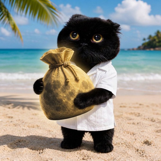 A black cat wearing a white button-up shirt stands on a tropical beach, clutching a bulging gold money bag, perfectly matching the "moon bag" crypto reference in the post.
