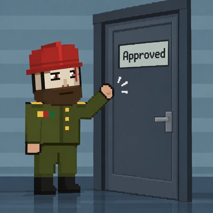 Pixel art illustration of a bearded soldier in a red hat and green uniform knocking on a gray door labeled 'Approved'.