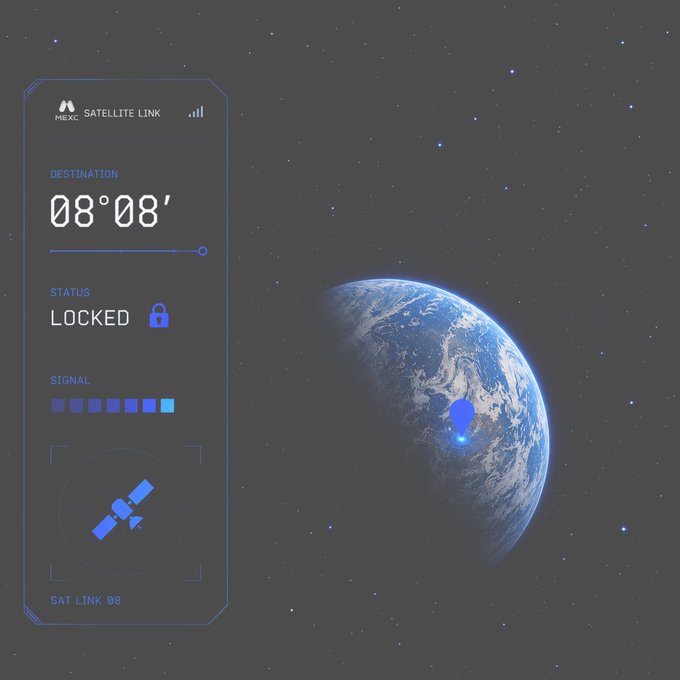 A satellite interface labeled "MEXC SATELLITE LINK" displays locked coordinates at "08°08'" with a signal bar and an Earth view pinpointed by a location marker, directly illustrating the mystery coordinates teased in the post.