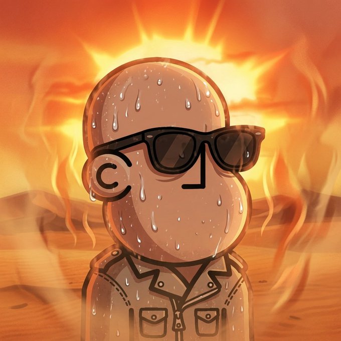 A cartoon bald character wearing sunglasses and a button-up shirt, drenched in sweat, stands against a blazing desert backdrop with a scorching sun overhead. The image humorously visualizes the extreme heat referenced in the post about "$NPC on chain" boiling in the heat, with the character's sweaty, sun-scorched appearance perfectly capturing the meme's theme.
