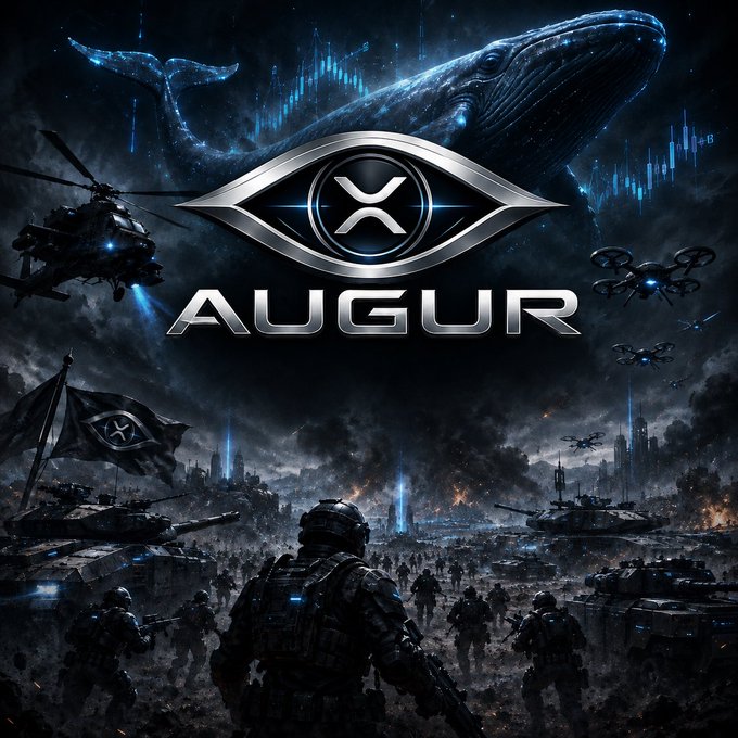 A cinematic promotional image featuring the "AUGUR" logo with an "X" emblem, depicting a futuristic war scene with a giant whale, helicopters, drones, tanks, soldiers, and a flag bearing the same "X" logo, symbolizing how the AUGUR BATTLEFIELD transforms XRP market buy and sell pressure into a live, visualized battlefield of troops, aircraft, and explosions.