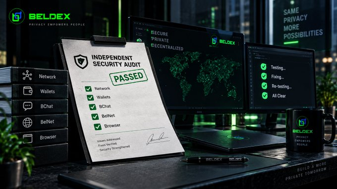 A promotional graphic for 'BELDEX' showcasing an 'INDEPENDENT SECURITY AUDIT' clipboard marked 'PASSED' next to a monitor displaying a world map and checklist. The slogan 'SAME PRIVACY MORE POSSIBILITIES' and 'BUILD A MORE PRIVATE TOMORROW' are visible alongside Beldex branded merchandise.