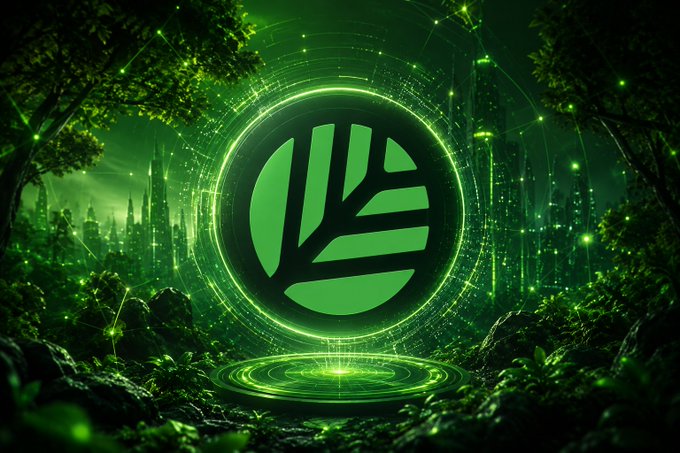 A glowing green stylized leaf logo encased in a futuristic, technological portal with rings and circuitry, set in a lush forest environment.