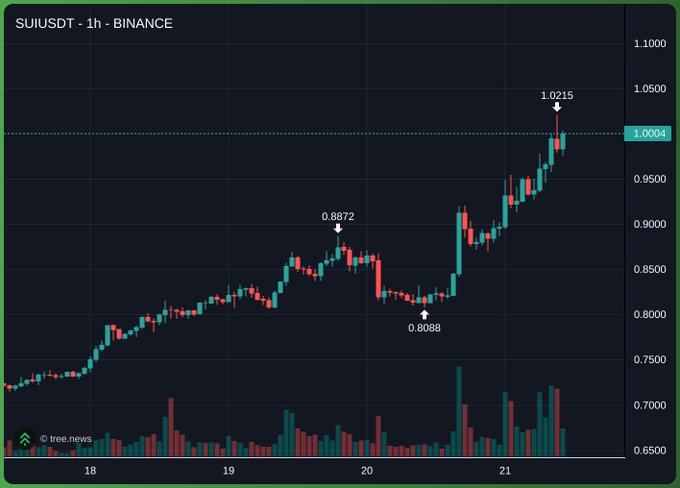 A 1-hour Binance candlestick chart for SUI/USDT shows the token surging to $1.0215, breaking above the $1.0004 resistance line after rebounding from a low of $0.8088, with the price up approximately 45% over the past week. The bullish price action, highlighted by increasing volume on the recent rally, visually supports the post's claim that SUI has reclaimed $1 and that the bottom is likely in after withstanding negative sentiment.