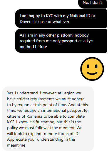 A customer service chat where a user disputes KYC requirements for Romanians, and a representative from Legion explains they require an international passport for compliance.