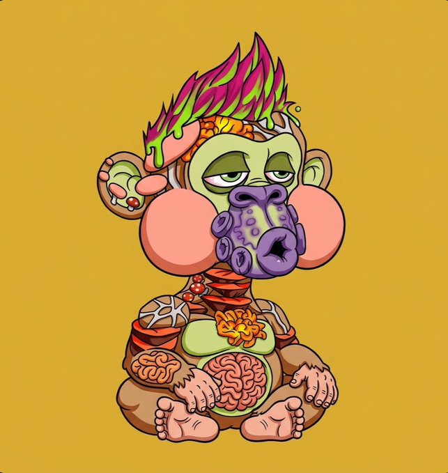 A vibrant cartoon illustration of a green-skinned zombie-like baby with pink cheeks, purple lips, and exposed organs (including a brain) sitting on a yellow background.